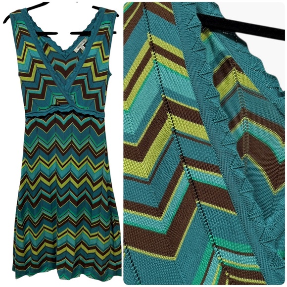 Beth Bowley Aqua Brown Chevron Knit Dress L – Retro Boho Cotton Midi - Picture 1 of 9
